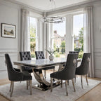 London light grey marble dining set with six dark grey velvet Majestic chairs with tufted backs in a modern dining room