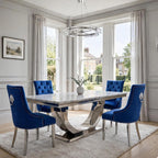 London Light Grey Marble Dining Set with Navy Blue Velvet Majestic Chairs