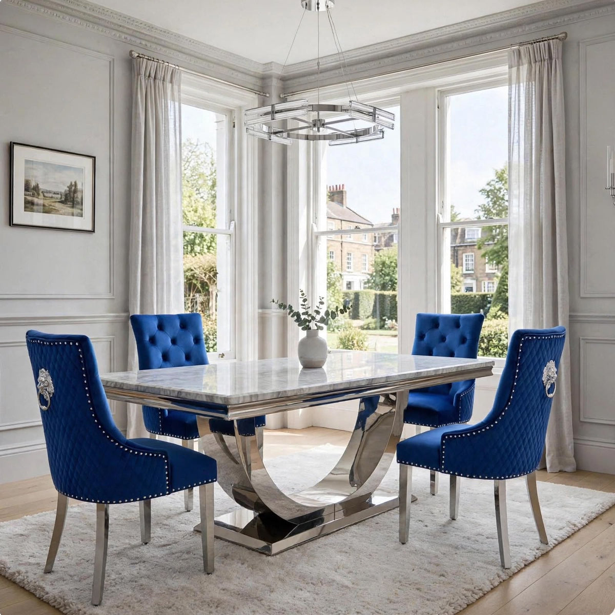 London Light Grey Marble Dining Set with Navy Blue Velvet Majestic Chairs