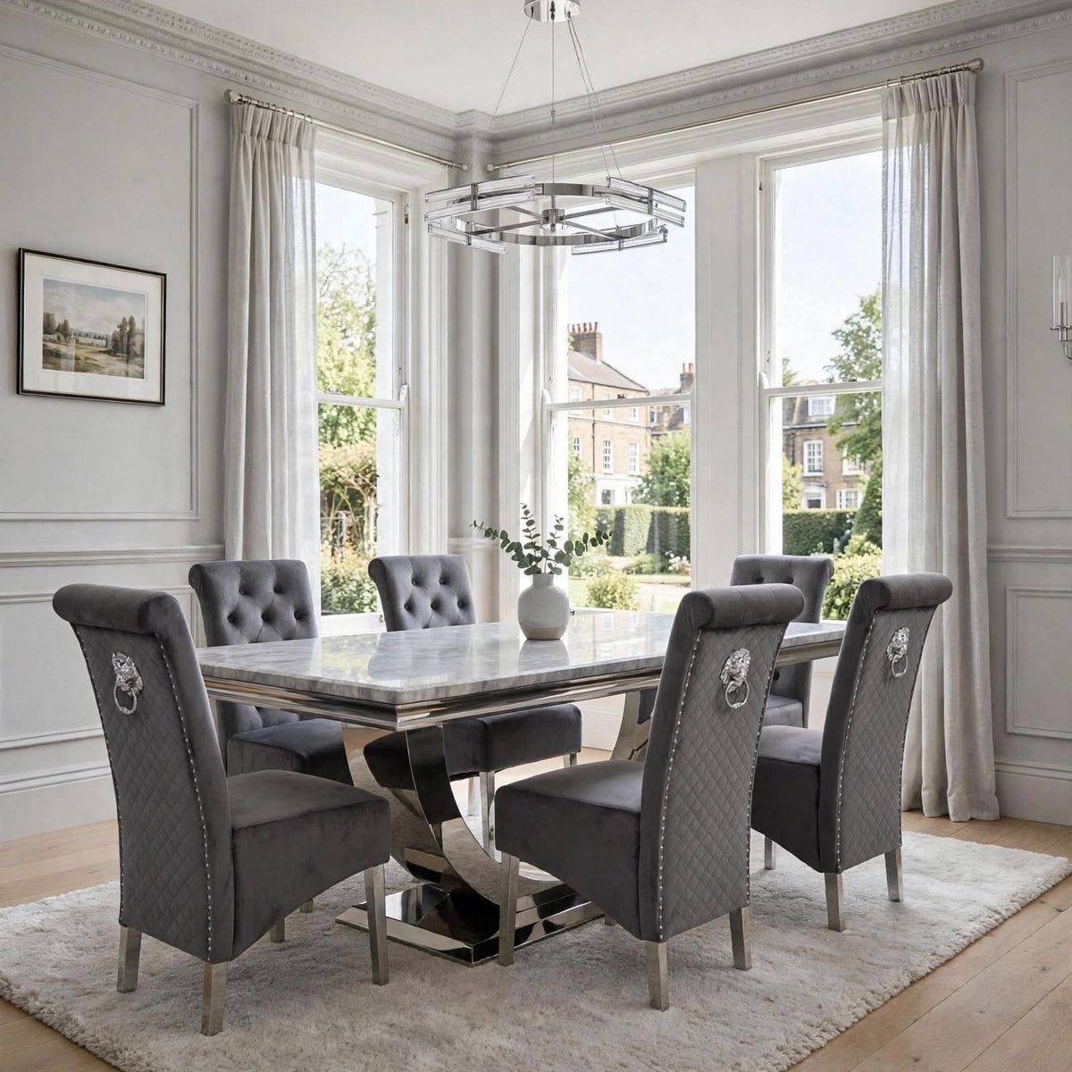 London light grey marble dining set with six dark grey velvet Sofia chairs in a modern dining room