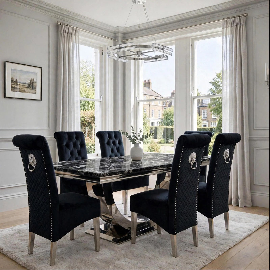 London black marble dining set with six black velvet Sofia chairs in a modern dining room