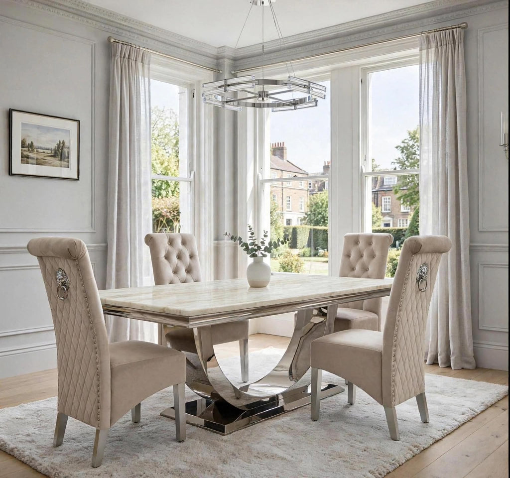 Cream marble dining table with polished chrome London base and four mink velvet Sofia chairs