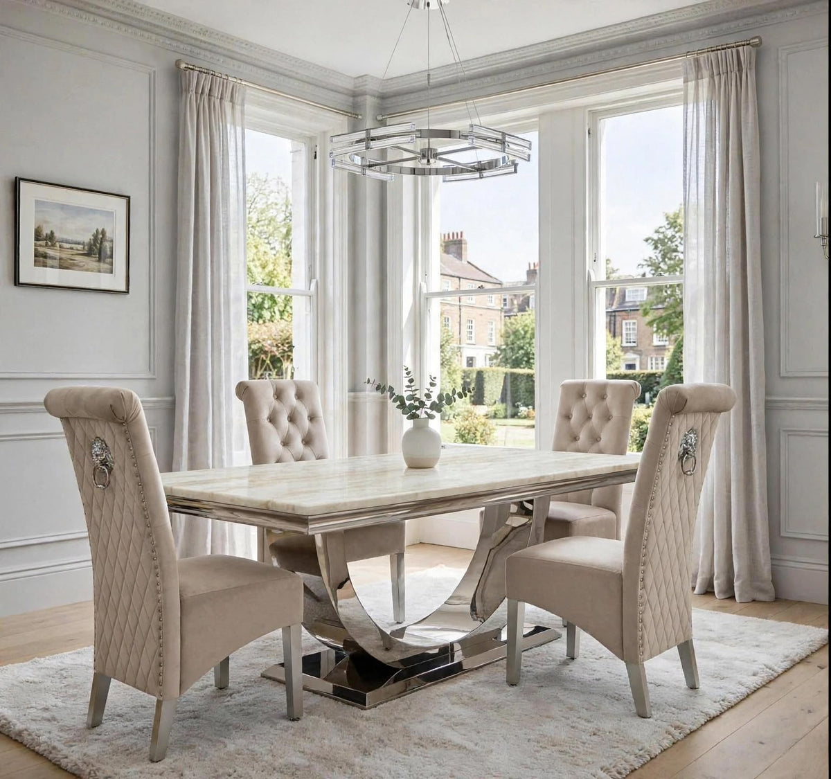 Cream marble dining table with polished chrome London base and four mink velvet Sofia chairs