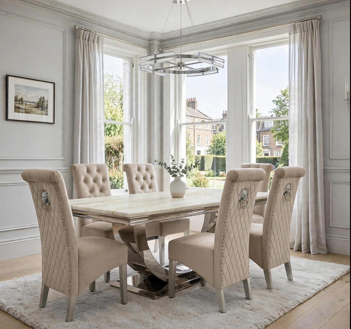 London cream marble dining set with six mink velvet Sofia chairs in a bright dining room