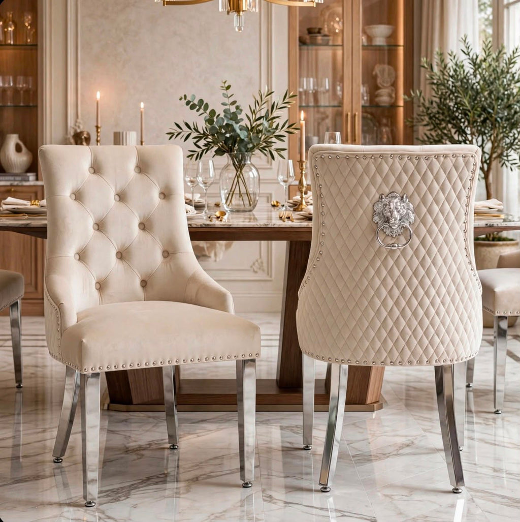 Mink velvet Majestic lion knocker dining chairs with silver lion ring and chrome legs