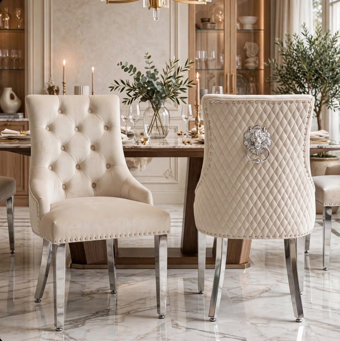 Mink velvet Majestic lion knocker dining chairs with silver lion ring and chrome legs