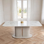 Sydney cream marble dining table with white Calacatta top and fluted cream pedestal base – luxury dining table