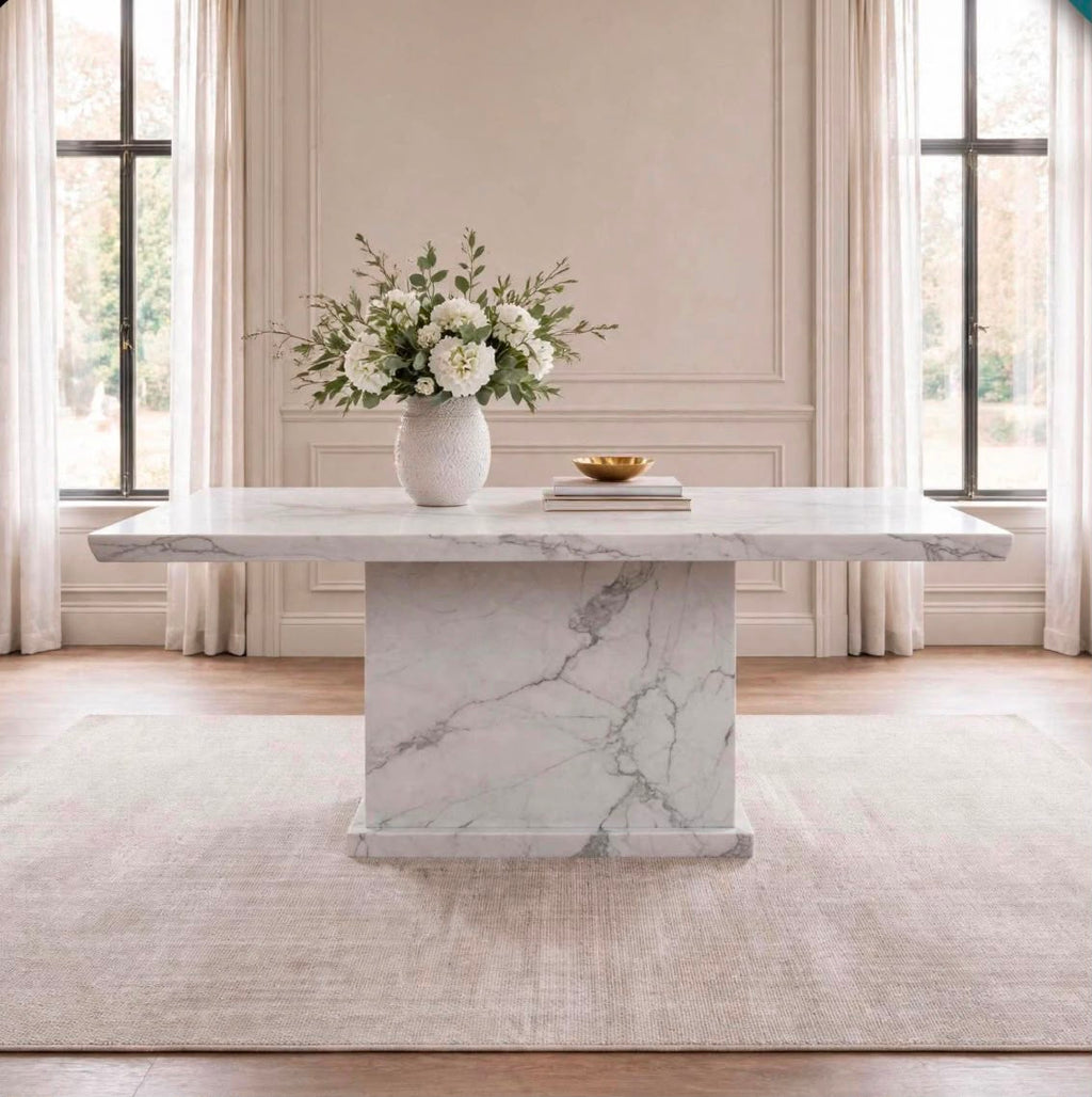 White marble dining table 1.5m with rectangular top and solid marble pedestal base in a luxury dining room