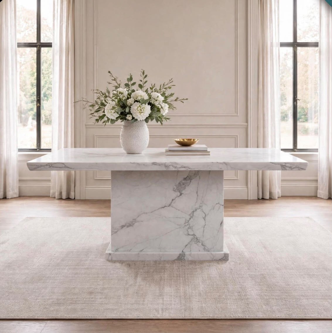 White marble dining table 1.5m with rectangular top and solid marble pedestal base in a luxury dining room