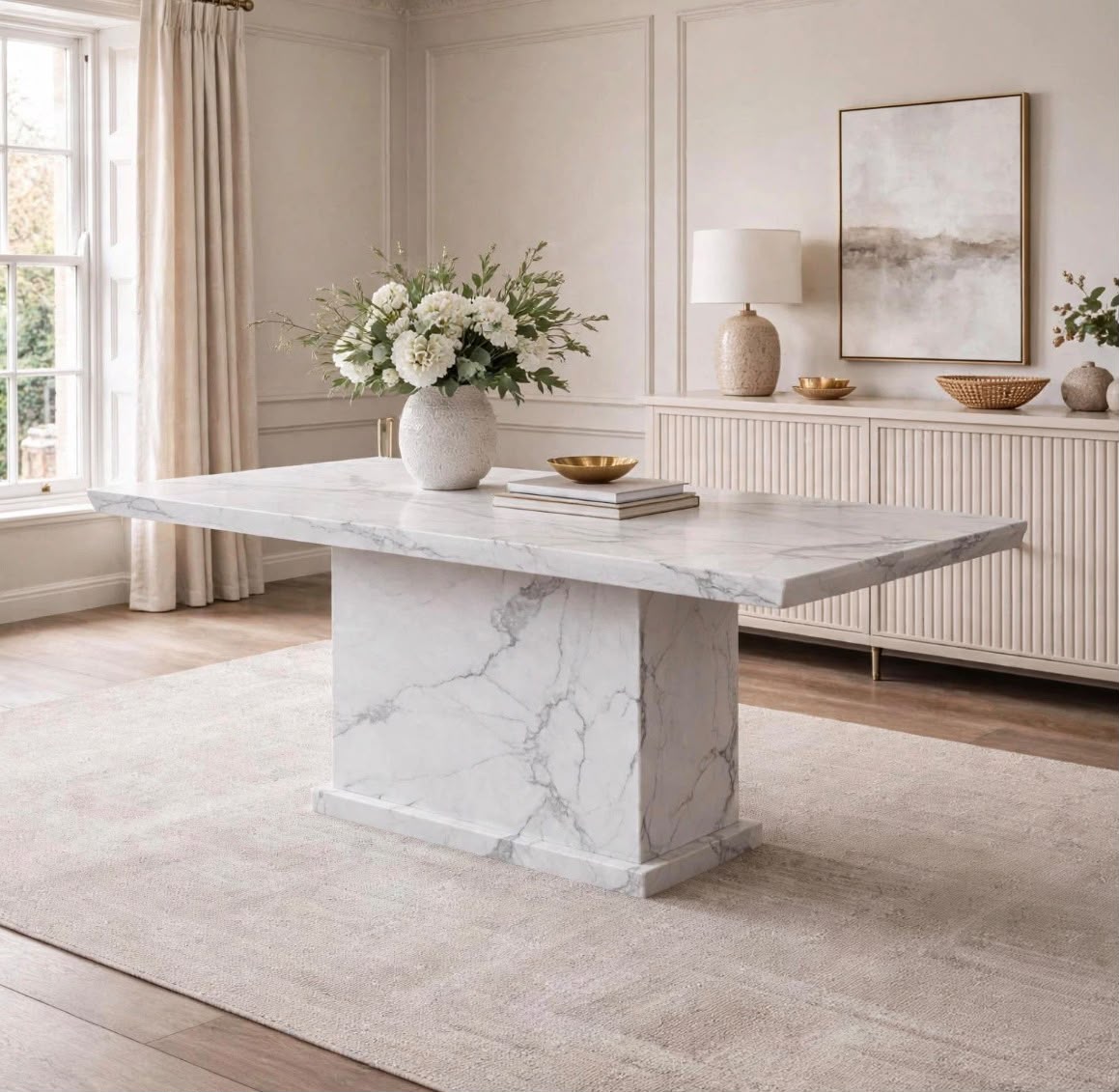 Side view of a 1.5m rectangular white marble dining table with a solid marble pedestal base