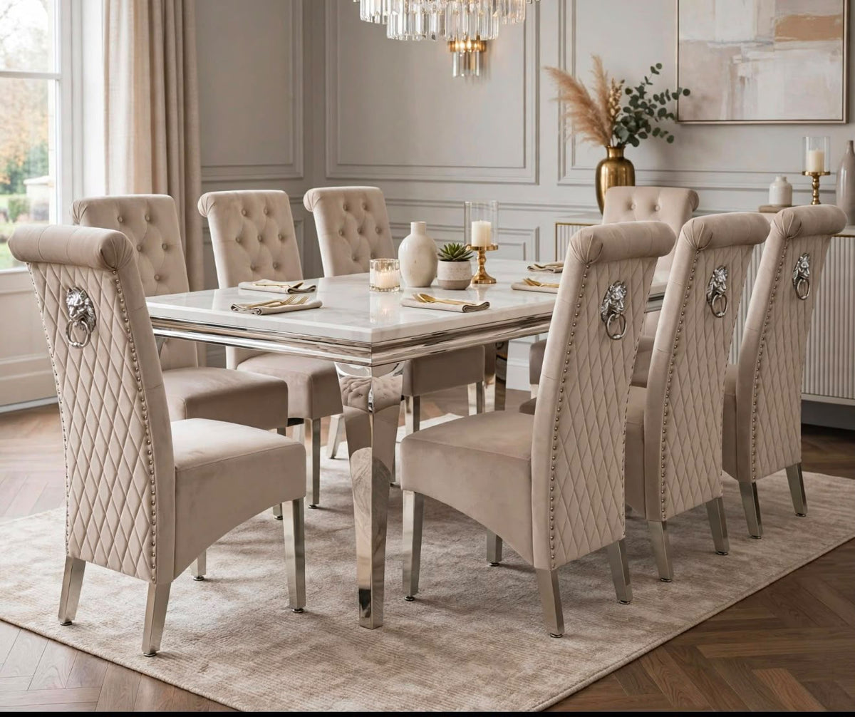 White marble Louis dining table with eight Sofia mink velvet lion knocker chairs and chrome legs – 8 seater luxury dining set UK