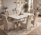 White marble Louis dining table with six Sofia mink velvet lion knocker chairs, quilted backs and chrome legs – luxury dining set UK