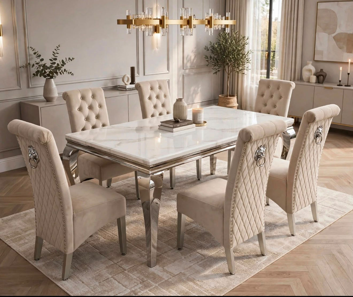 White marble Louis dining table with six Sofia mink velvet lion knocker chairs, quilted backs and chrome legs – luxury dining set UK