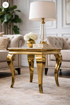 White and gold Louis lamp table with marble top beside sofa – luxury UK side table