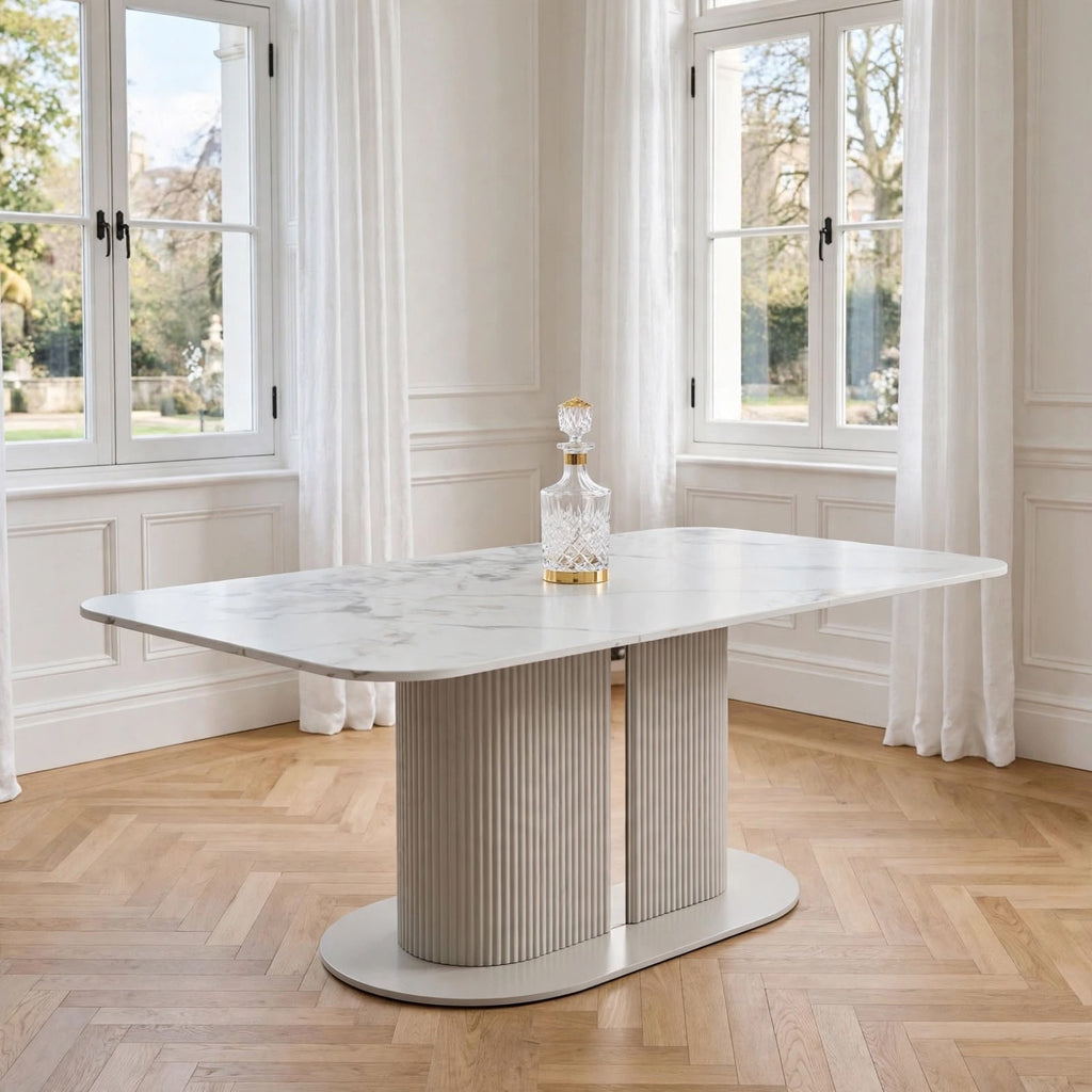 White and gold veined marble dining table top on Sydney cream fluted pedestal – luxury detail
