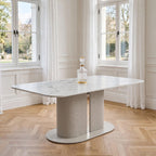 White and gold veined marble dining table top on Sydney cream fluted pedestal – luxury detail