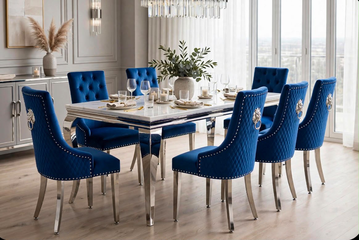 White marble Louis dining table with navy blue velvet lion knocker chairs and chrome legs – luxury dining set UK