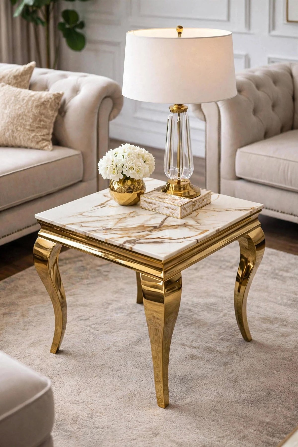 White marble and gold Louis side table with curved gold legs – luxury occasional table
