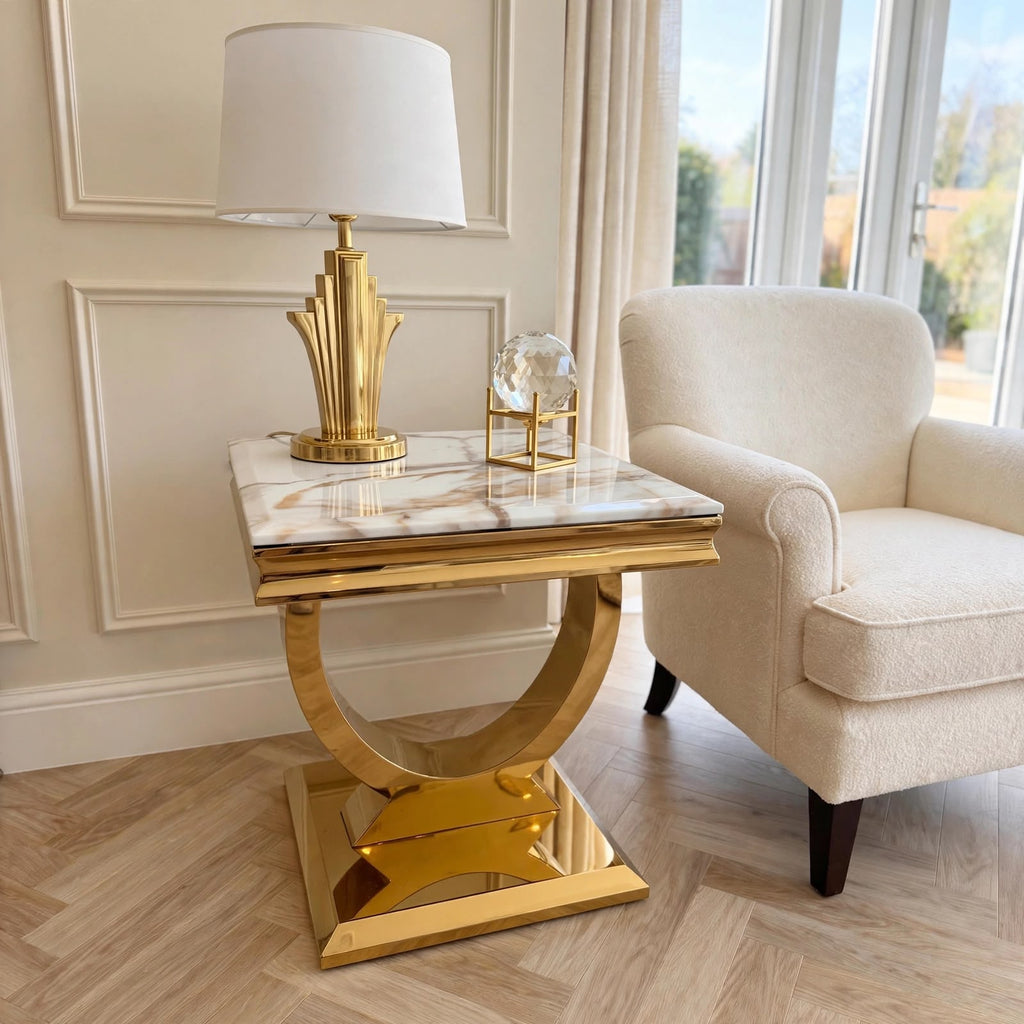 Arianna White Marble & Gold Side Table – Luxury Occasional Table UK