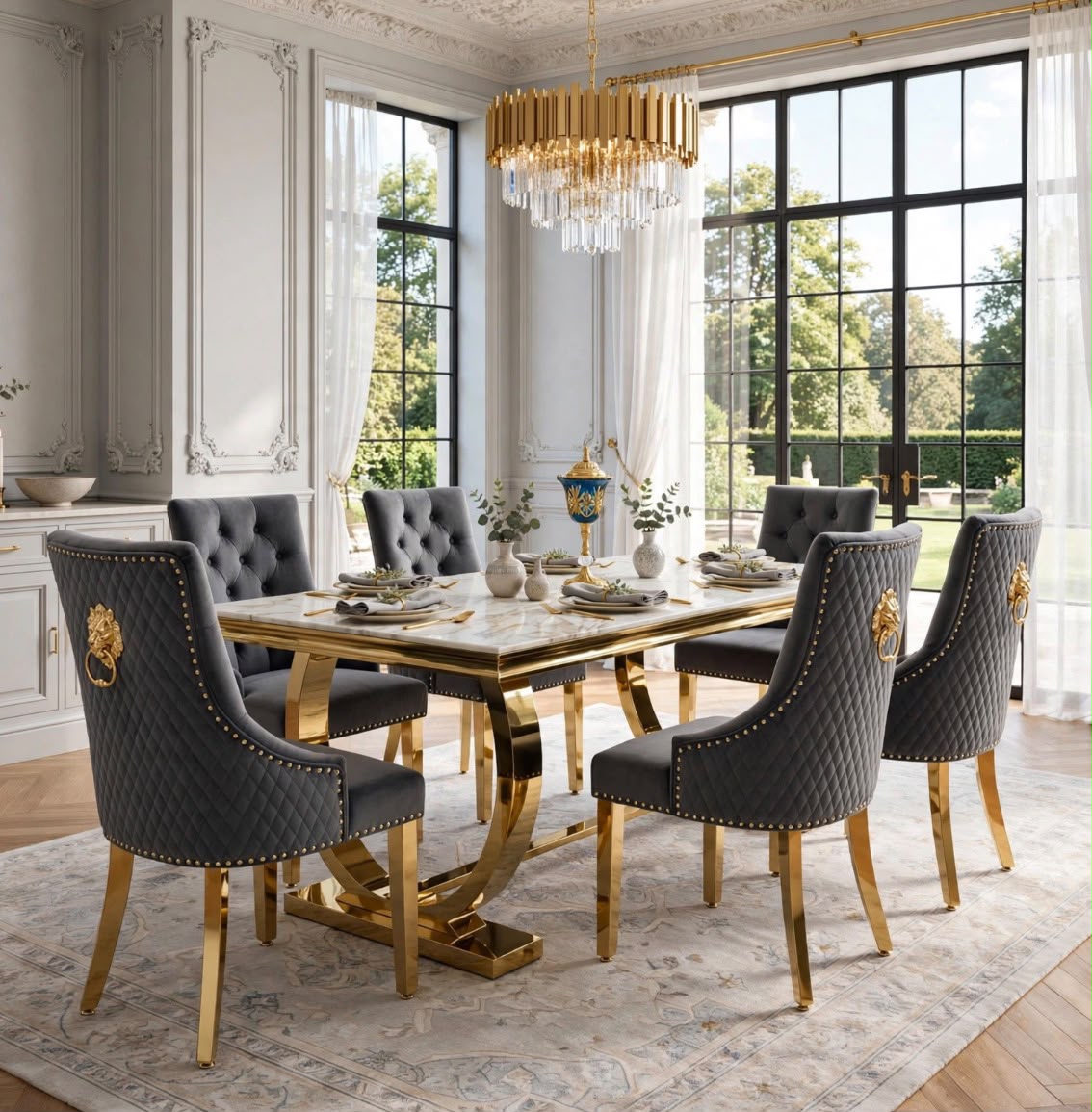 Arianna Black & Gold Marble & Gold Dining Set with Black Victoria Lion Knocker Chairs