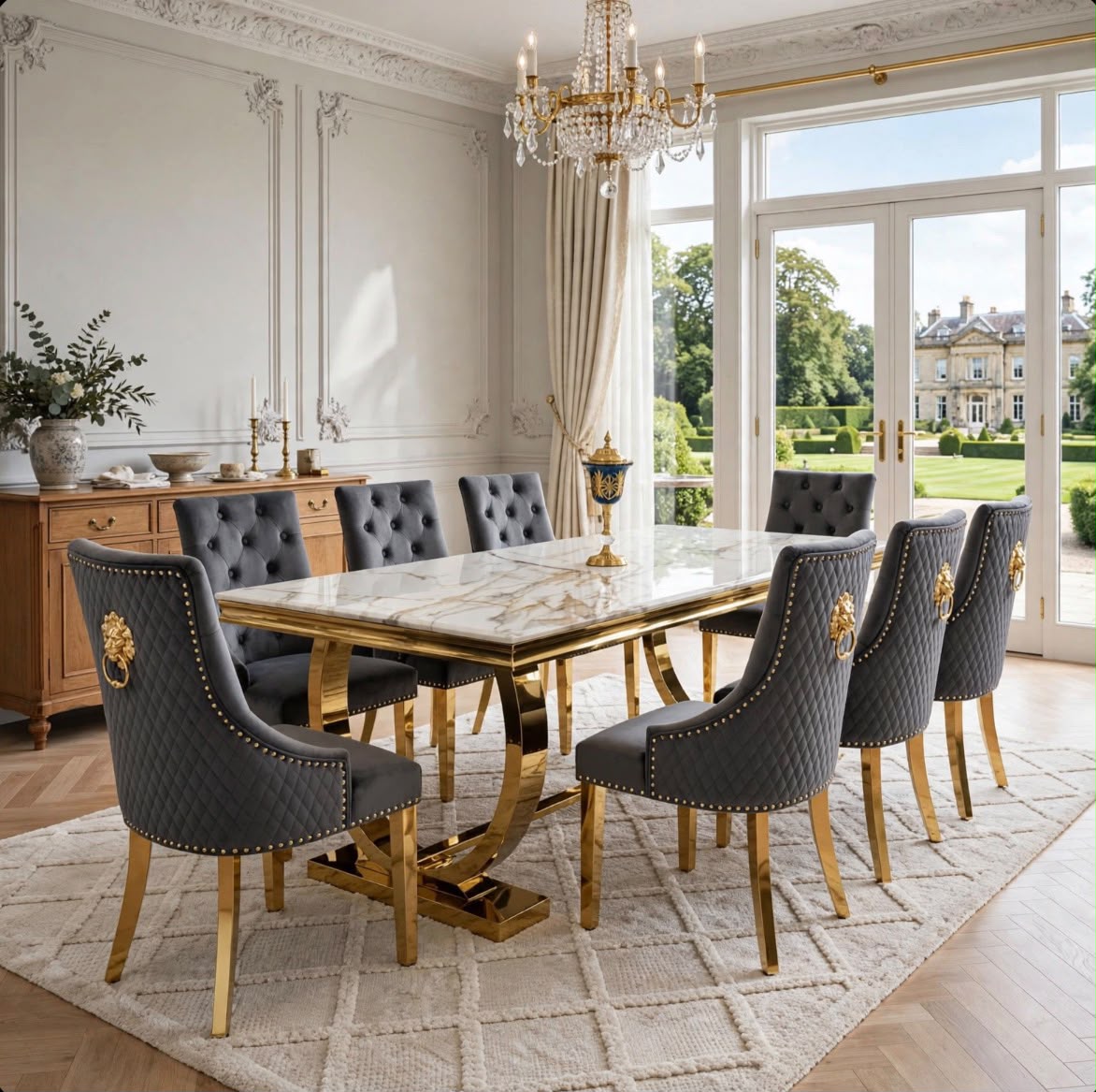 Arianna Black & Gold Marble & Gold Dining Set with Black Victoria Lion Knocker Chairs