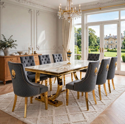 Arianna Black & Gold Marble & Gold Dining Set with Black Victoria Lion Knocker Chairs