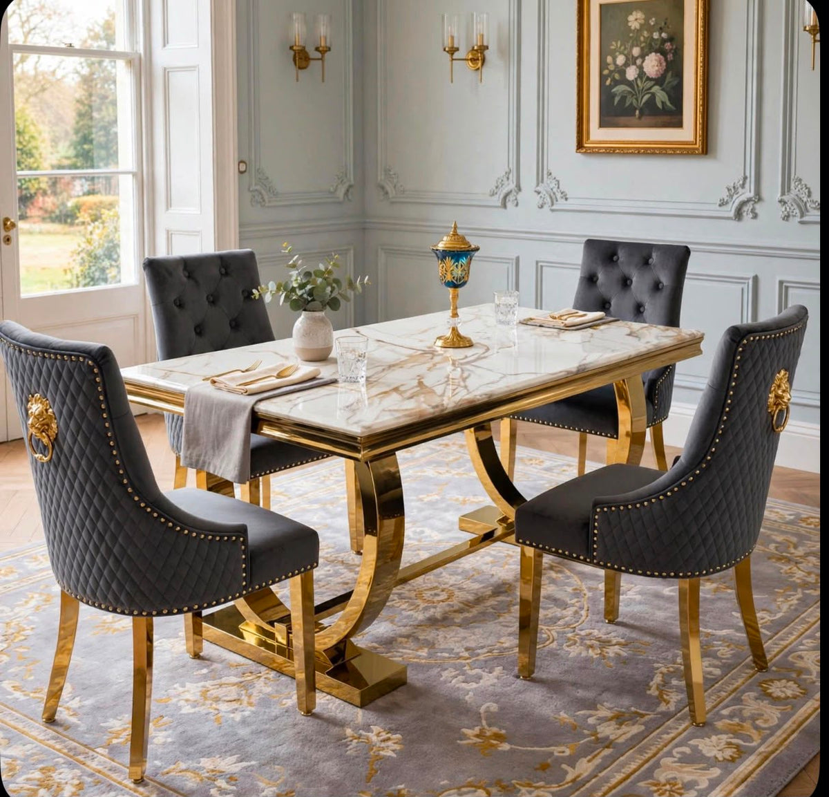 Arianna Black & Gold Marble & Gold Dining Set with Black Victoria Lion Knocker Chairs