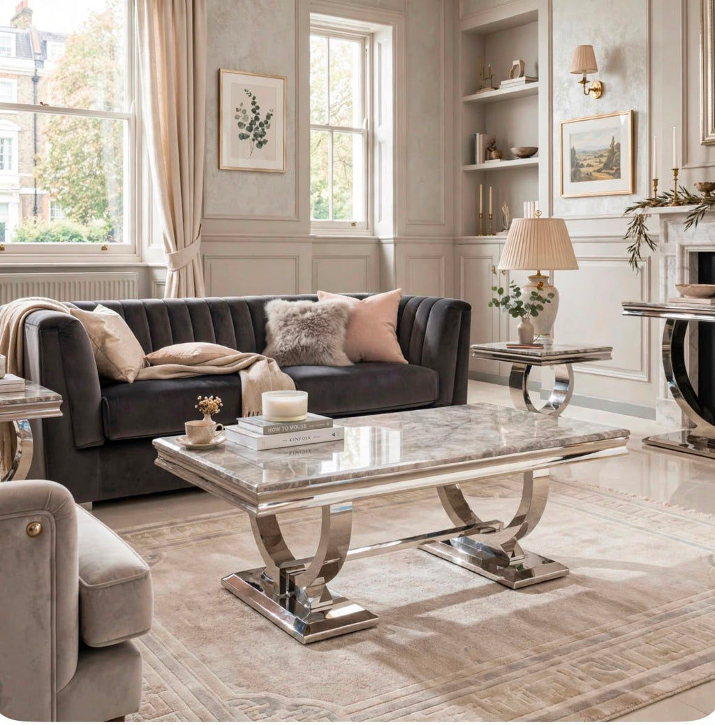 Arianna Grey Marble & Chrome Coffee Table Light Grey marble luxury coffee table