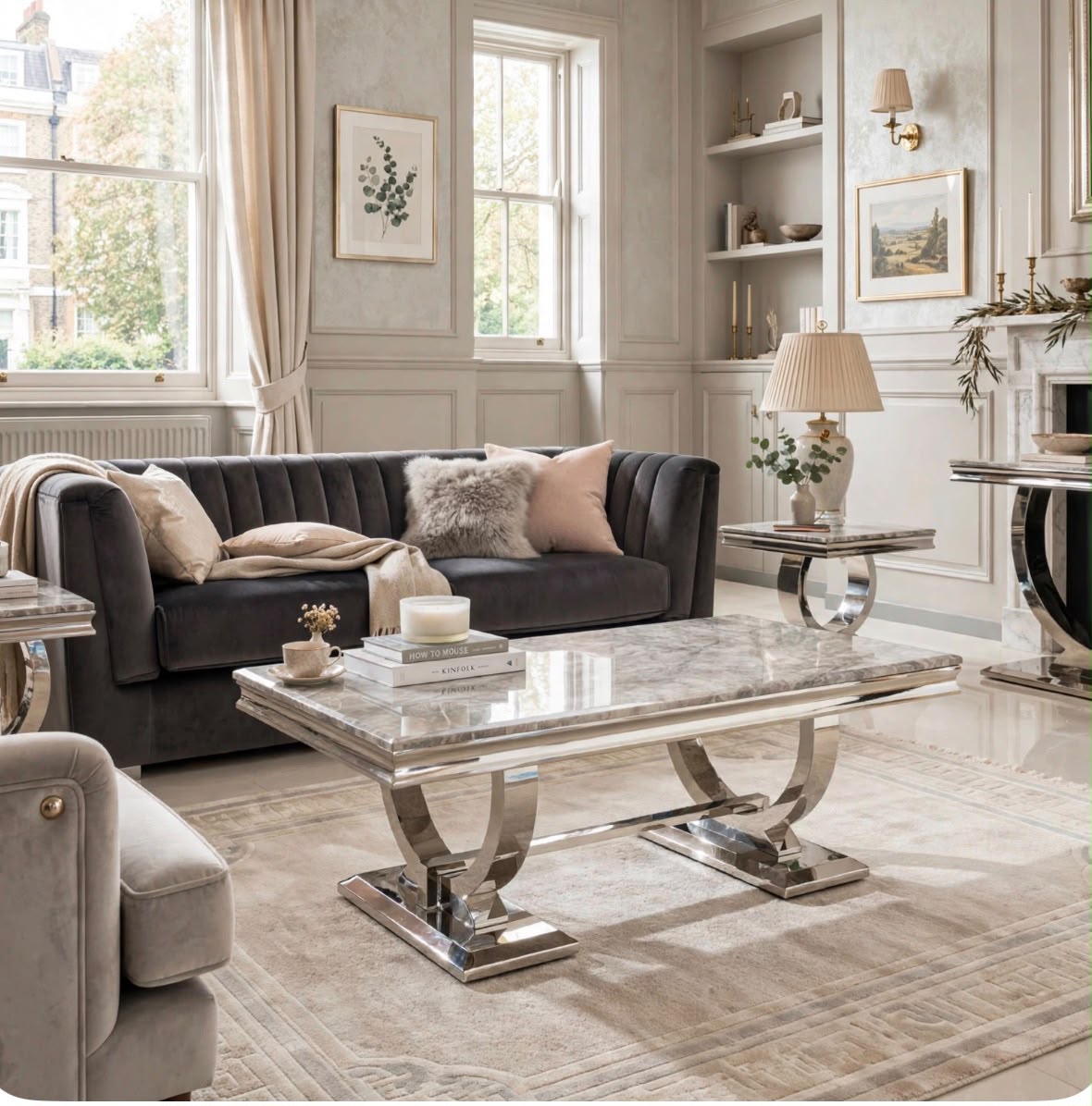 Arianna Grey Marble & Chrome Coffee Table Light Grey marble luxury coffee table