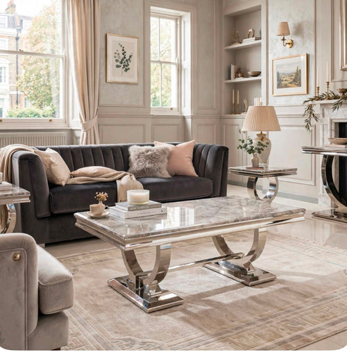 Arianna Grey Marble & Chrome Coffee Table Light Grey marble luxury coffee table