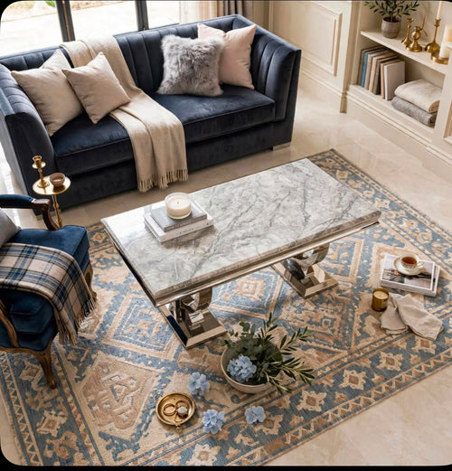 Arianna Grey Marble & Chrome Coffee Table Light Grey marble luxury coffee table