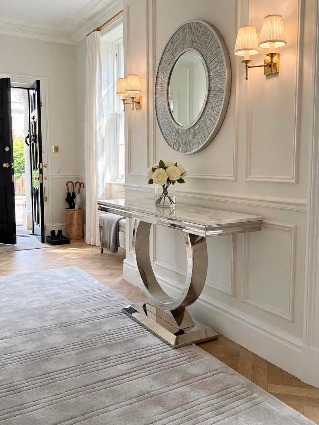 Arianna Grey Marble & Chrome Console Table Light Grey marble luxury console table