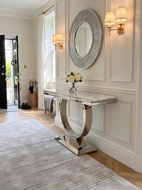 Arianna Grey Marble & Chrome Console Table Light Grey marble luxury console table