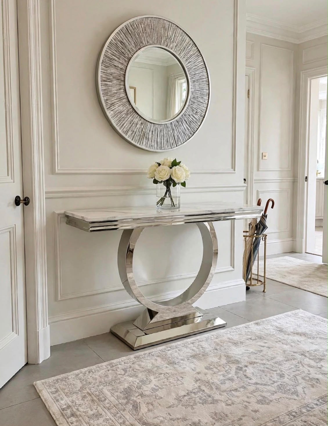 Arianna Grey Marble & Chrome Console Table Light Grey marble luxury console table