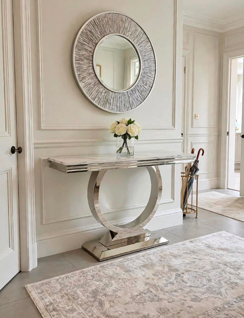 Arianna Grey Marble & Chrome Console Table Light Grey marble luxury console table