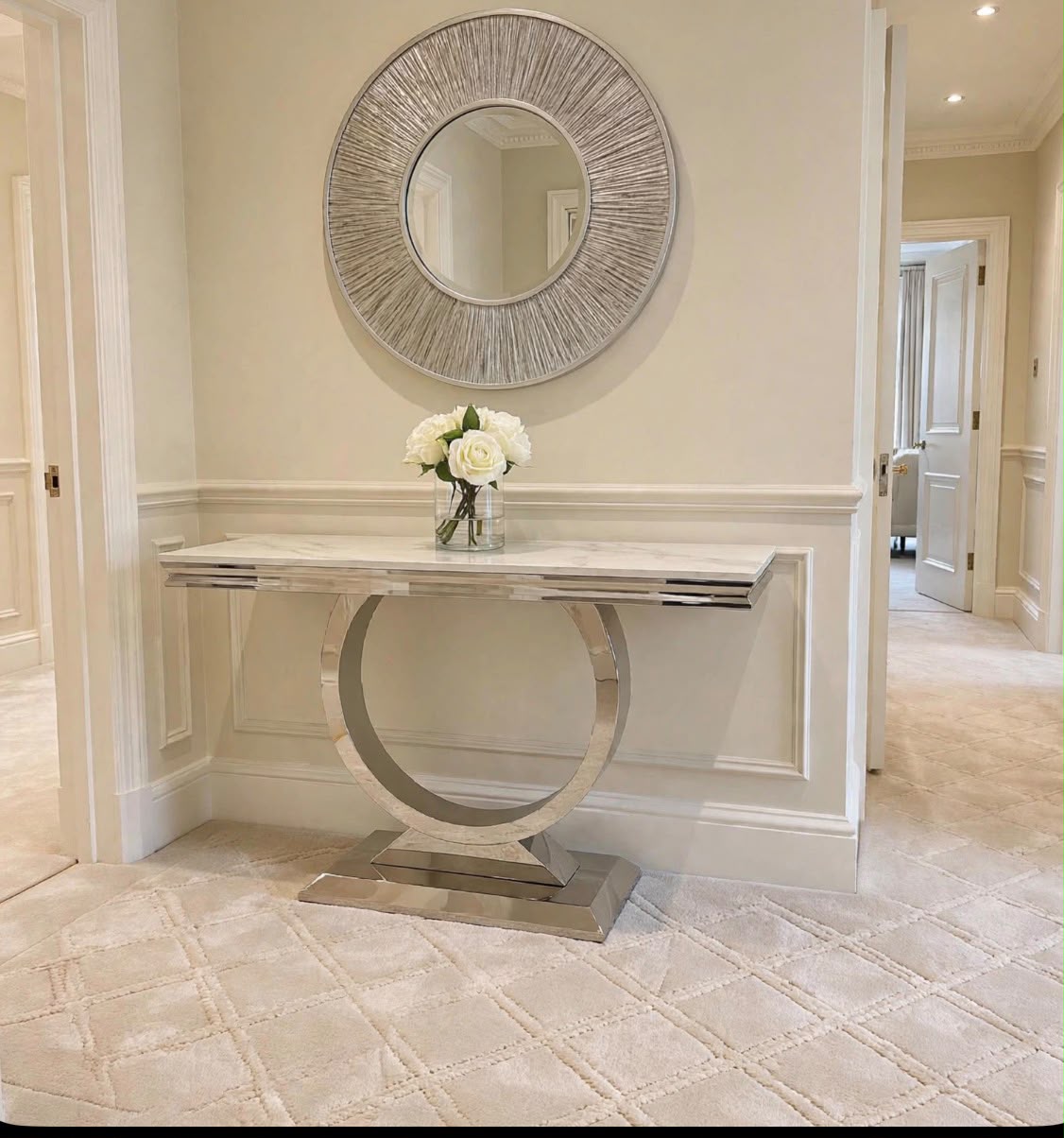 Arianna Grey Marble & Chrome Console Table Light Grey marble luxury console table