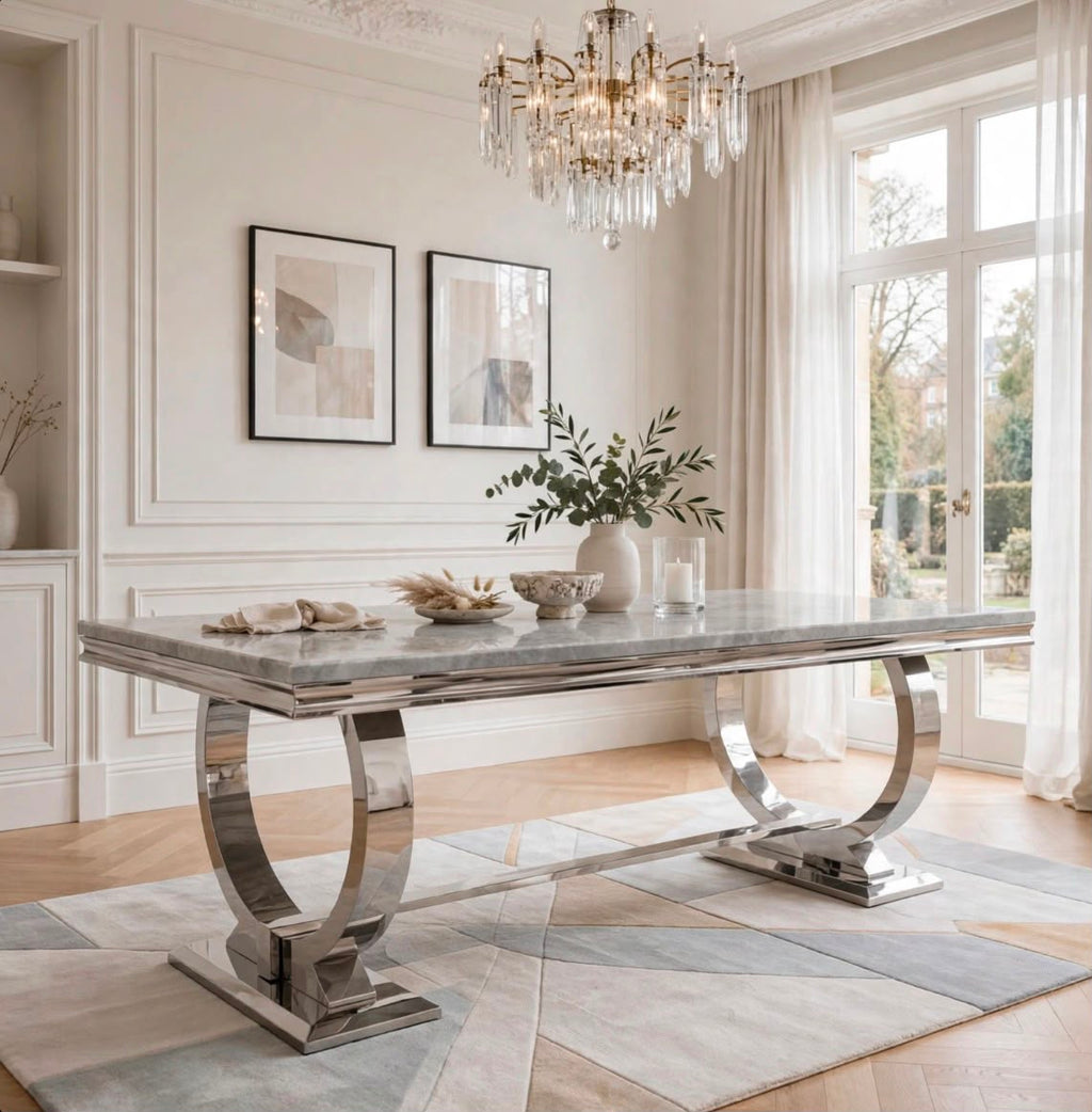 Arianna Grey Marble & Chrome Dining Table luxury marble dining table