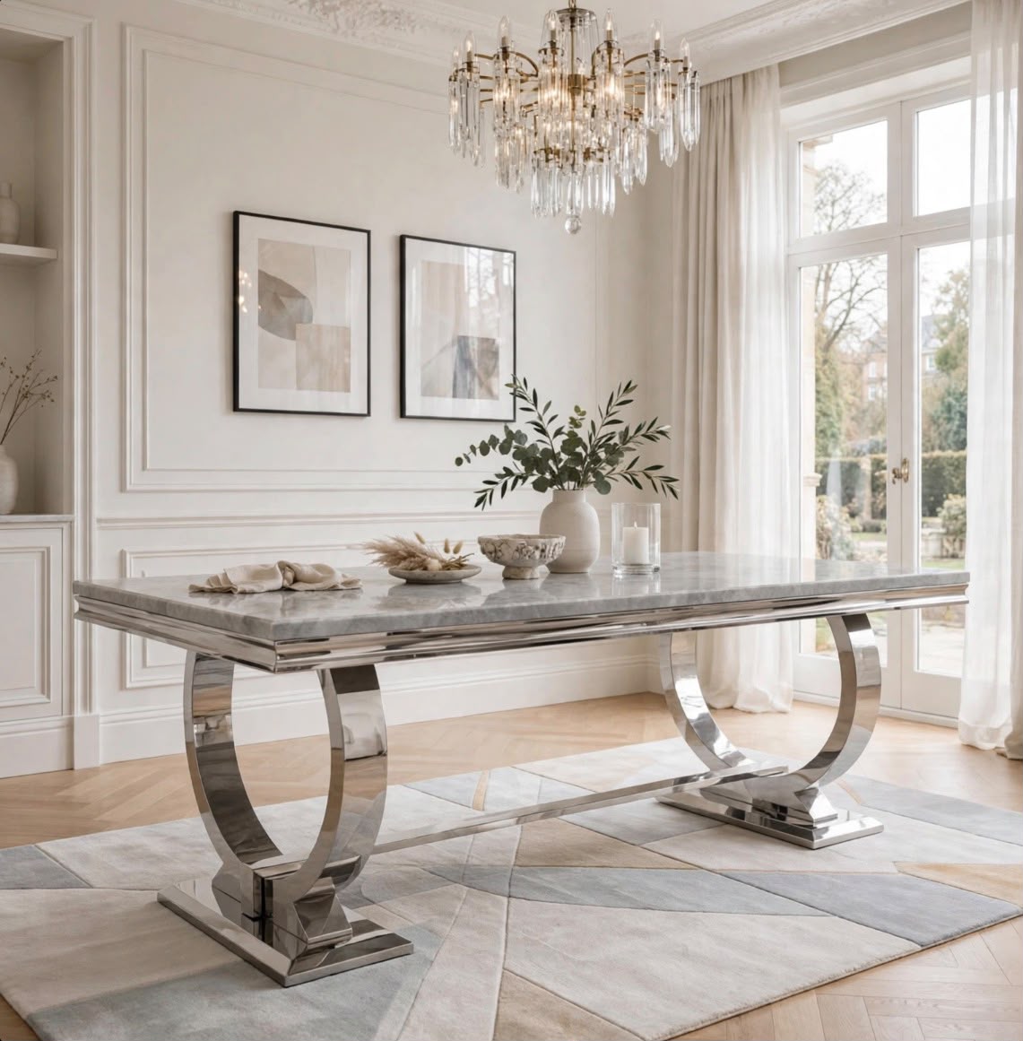 Arianna Grey Marble & Chrome Dining Table luxury marble dining table