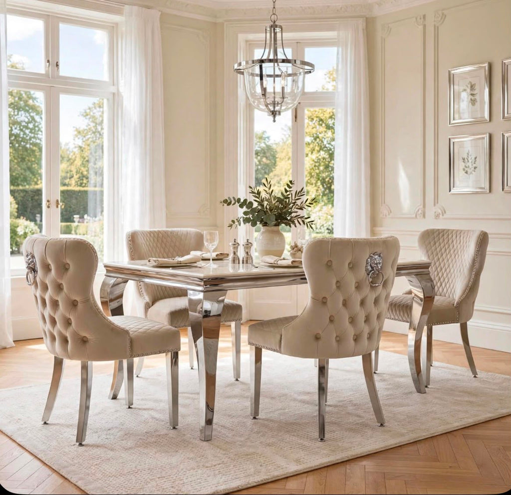 Arianna Light Grey Marble & Chrome Dining Set with Grey Majestic Lion Knocker Chairs