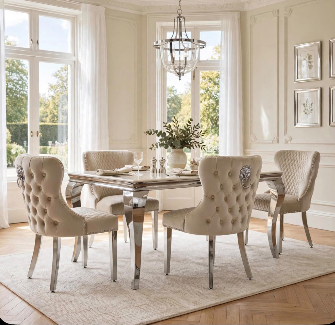 Arianna Light Grey Marble & Chrome Dining Set with Grey Majestic Lion Knocker Chairs