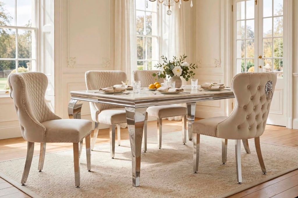 Arianna Light Grey Marble & Chrome Dining Set with Grey Majestic Lion Knocker Chairs