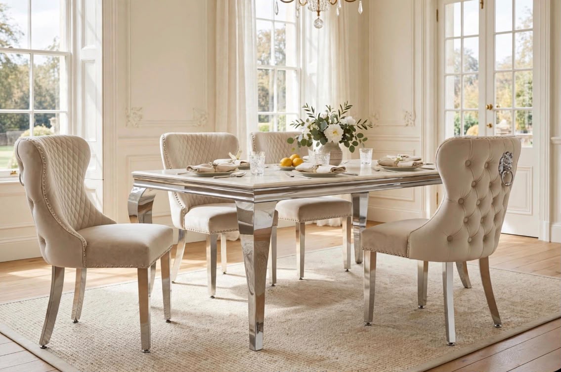 Arianna Light Grey Marble & Chrome Dining Set with Grey Majestic Lion Knocker Chairs