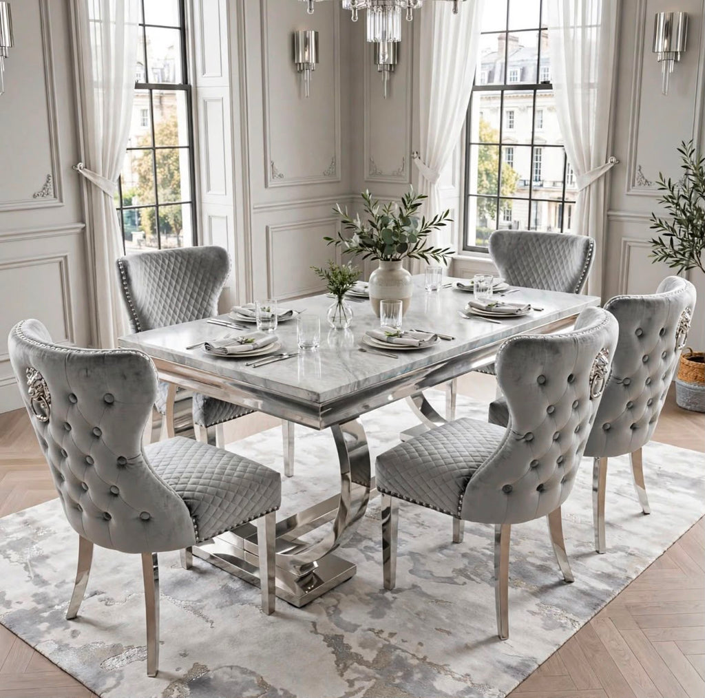 Arianna Light Grey Marble & Chrome Dining Set with Grey Majestic Lion Knocker Chairs