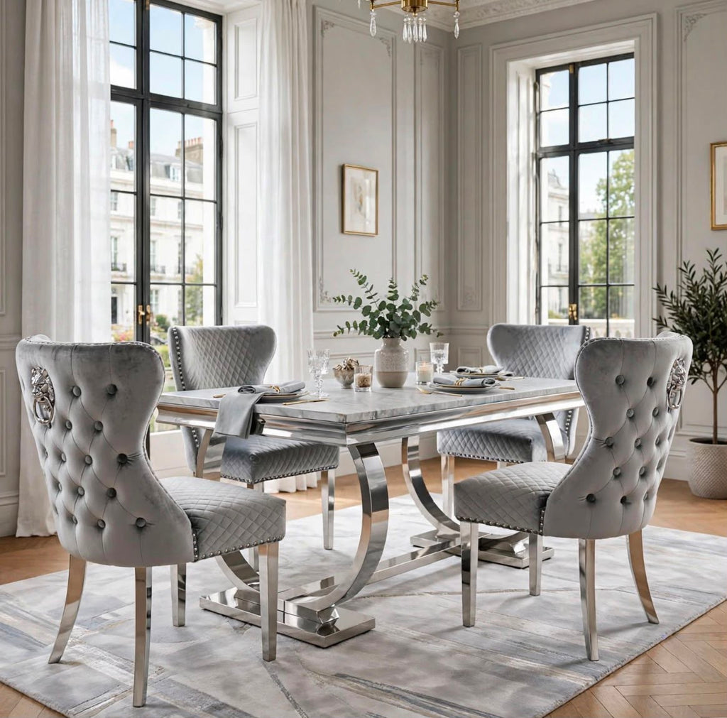 Arianna Light Grey Marble & Chrome Dining Set with Grey Majestic Lion Knocker Chairs