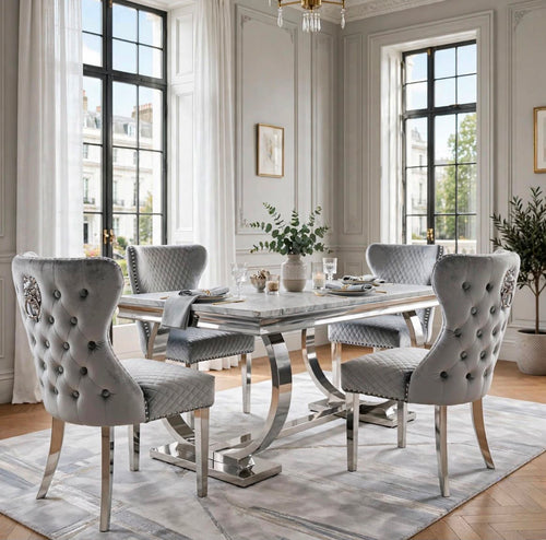 Arianna Light Grey Marble & Chrome Dining Set with Grey Majestic Lion Knocker Chairs