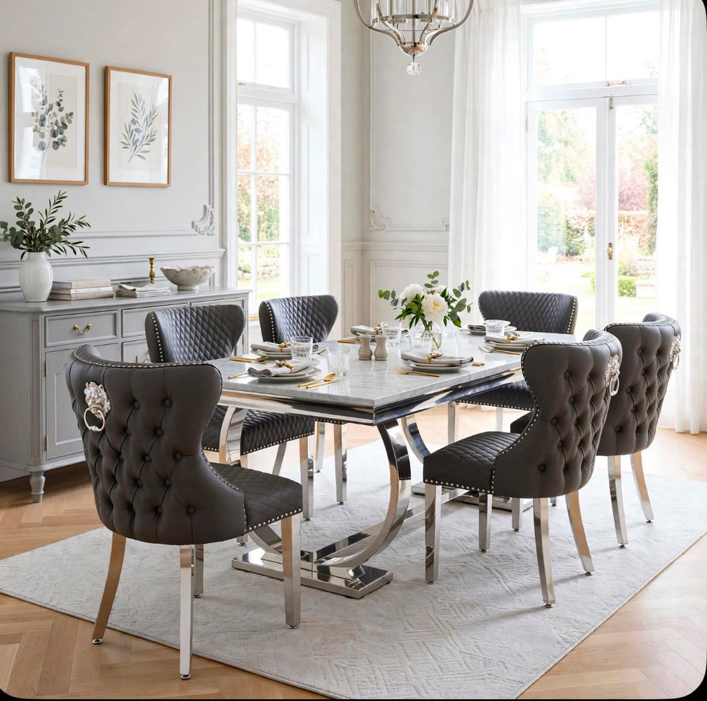 Arianna White Marble & Chrome Dining Set with Grey Valentino Lion Knocker Chairs