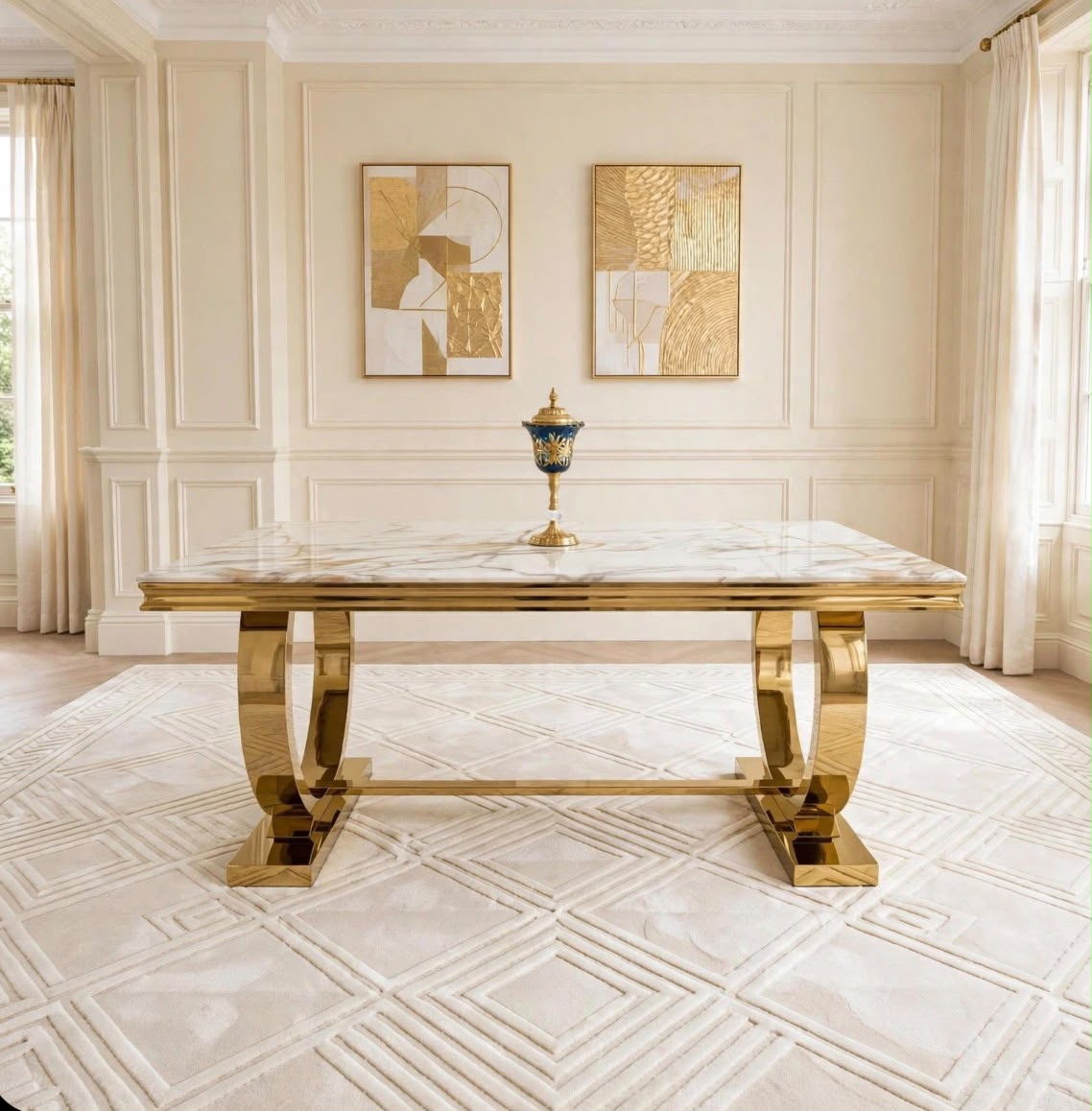 Arianna White Marble & Gold Dining Table luxury marble dining table