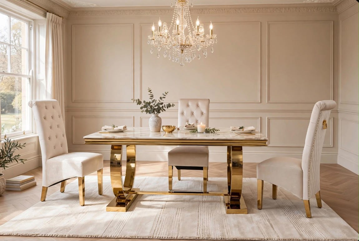 Arianna White & Gold Marble & Gold Dining Set with Cream Sofia Chairs