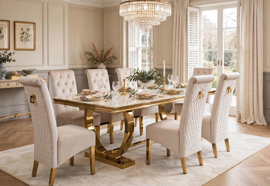 Arianna White & Gold Marble & Gold Dining Set with Cream Sofia Chairs