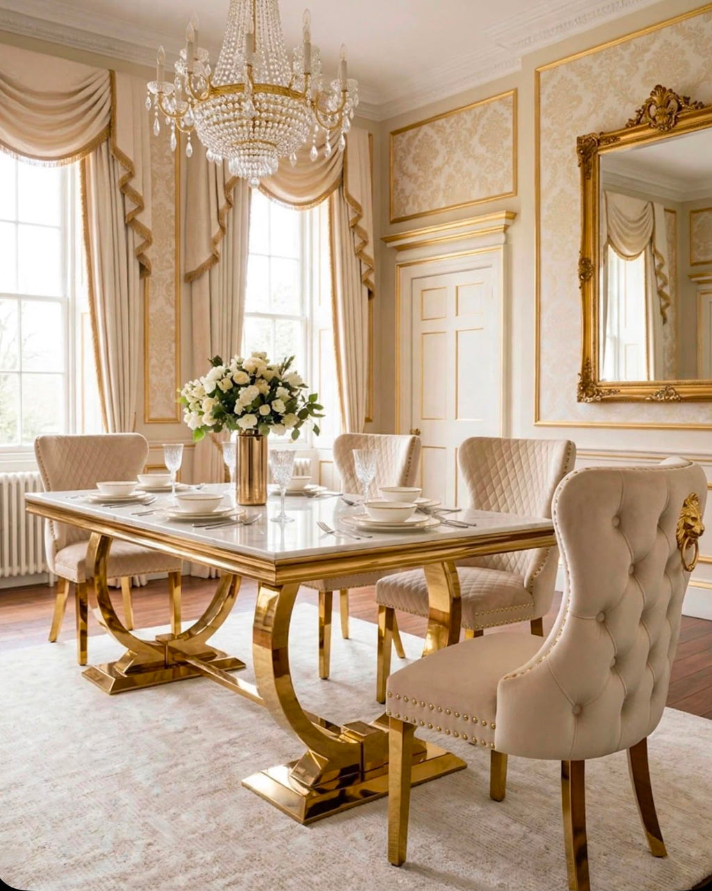Arianna White & Gold Marble & Gold Dining Set with Cream Victoria Lion Knocker Chairs
